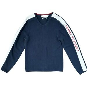 Vintage Tommy Hilfiger Y2K Navy Sweater 2000s White Stripe Causal Cozy V Neck XL